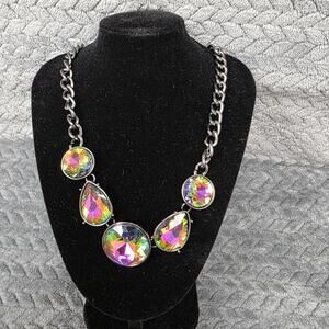 Statement Necklace Iridescent Rhinestone Gunmetal Chain Bold Fashion Jewelry